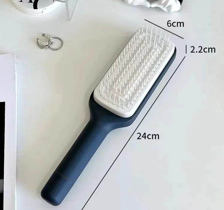 Self-cleaning hair brush with anti-static, scalable, rotating design. Removes hair easily, provides soothing massage for smoother, healthier hair.

