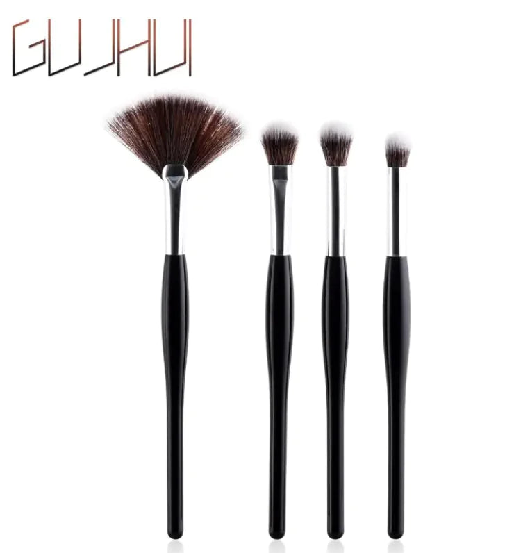 Makeup Brush Set with Black Handle and Silver Tubes