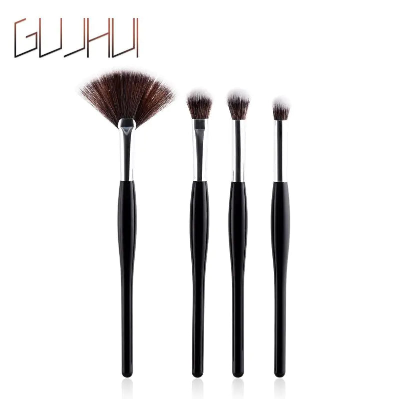 Makeup Brush Set with Black Handle and Silver Tubes