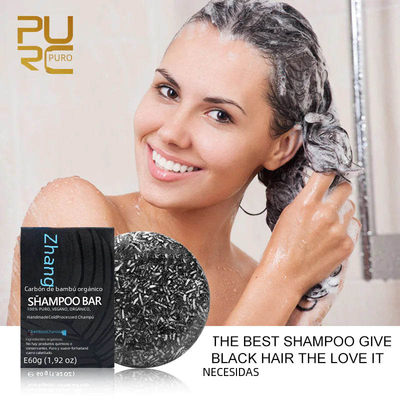 Natural bamboo charcoal shampoo soap bar for nourishing shine. Eco-friendly solid shampoo cleanses and revitalizes hair naturally.


