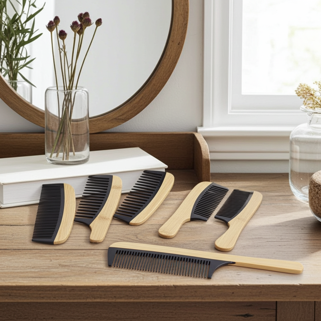 Natural bamboo hair comb with anti-static wooden design. Eco-friendly, gentle on hair, reduces frizz and promotes shine. Perfect for all hair types.