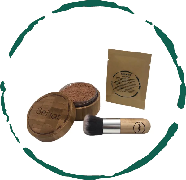 Natural bronzer powder in reusable bamboo case with kabuki brush. Brightens and defines features naturally. Perfect for all skin types, day and night.