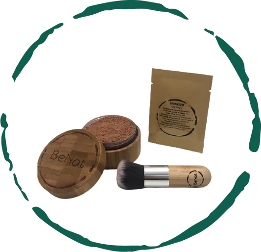 Natural bronzer powder in reusable bamboo case with kabuki brush. Brightens and defines features naturally. Perfect for all skin types, day and night.