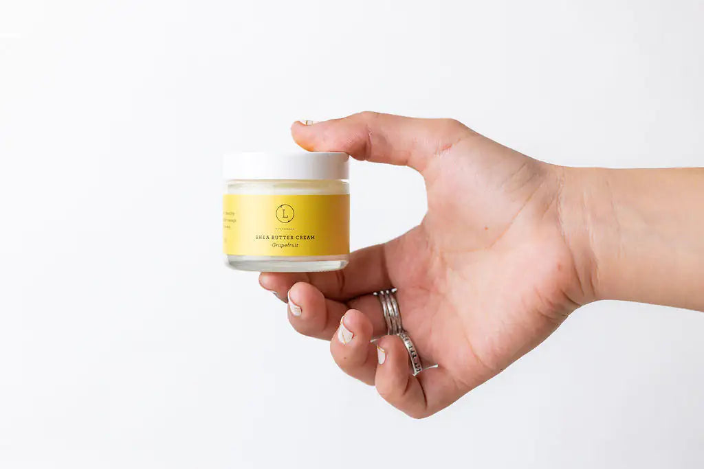 Revive dry skin with grapefruit shea butter cream infused with CBD (THC free). Natural ingredients, essential oils. Deeply hydrating body lotion.

