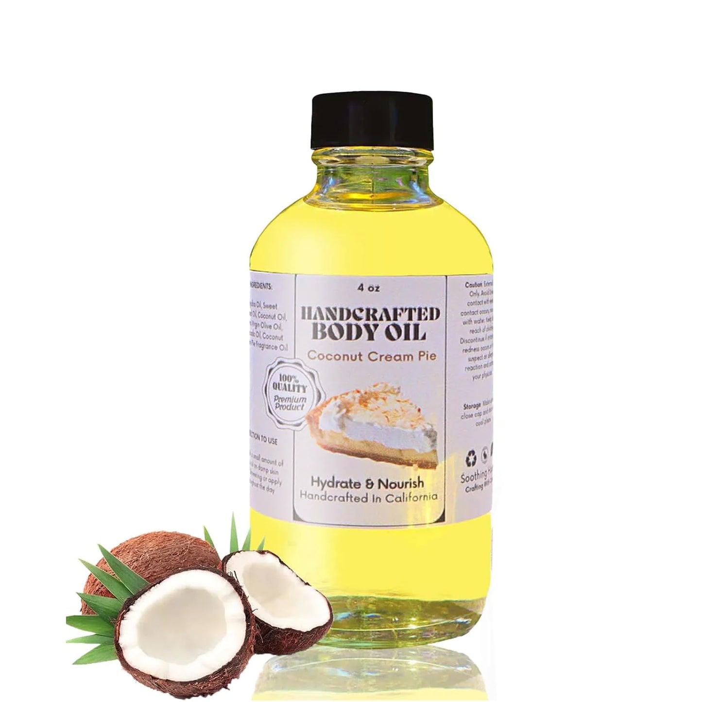 Handcrafted coconut cream pie body oil. Delicious scent, deeply moisturizing. Available in coconut, strawberry, vanilla flavors. Nourish your skin naturally.

