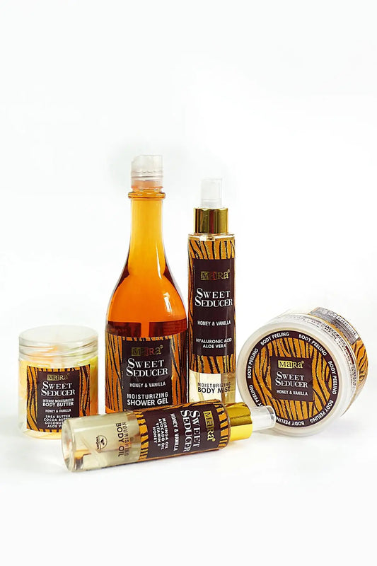 Luxurious 5-piece honey vanilla body and skin care set. Sweet seducer collection with natural ingredients. Complete pampering experience for soft skin.

