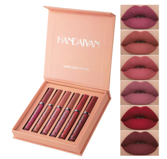 Luxurious matte liquid lipstick set with 6 vibrant shades in gift box. Long-lasting, highly pigmented. Perfect gift for makeup enthusiasts.

