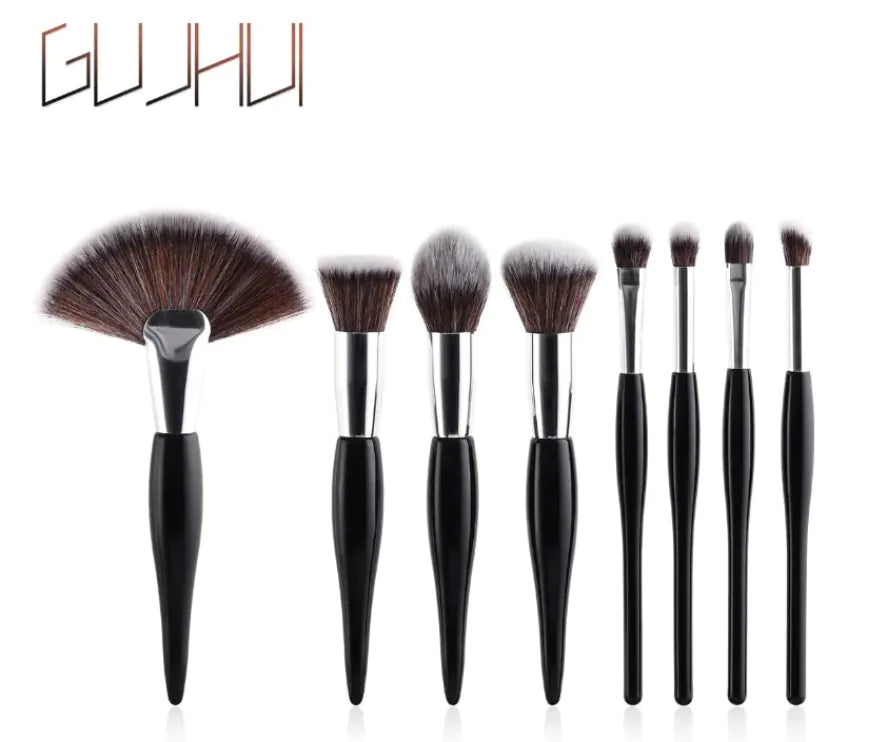 Makeup Brush Set with Black Handle and Silver Tubes