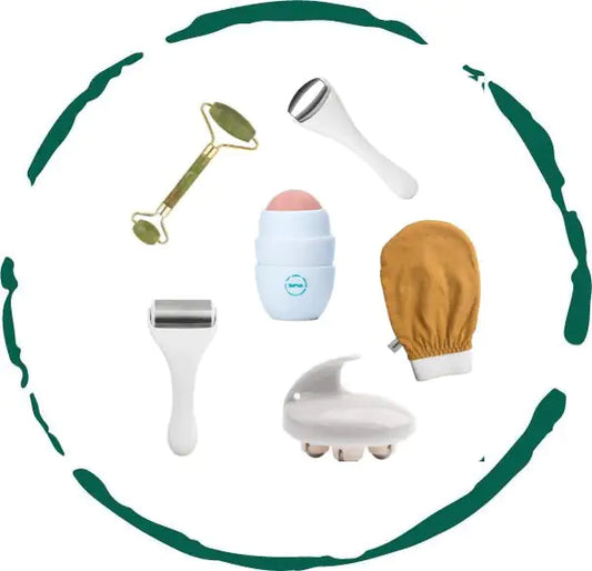 Complete 6-piece skincare tool set: ice rollers, jade facial roller, body massager, exfoliating glove. Spa experience at home, reusable and easy to use.