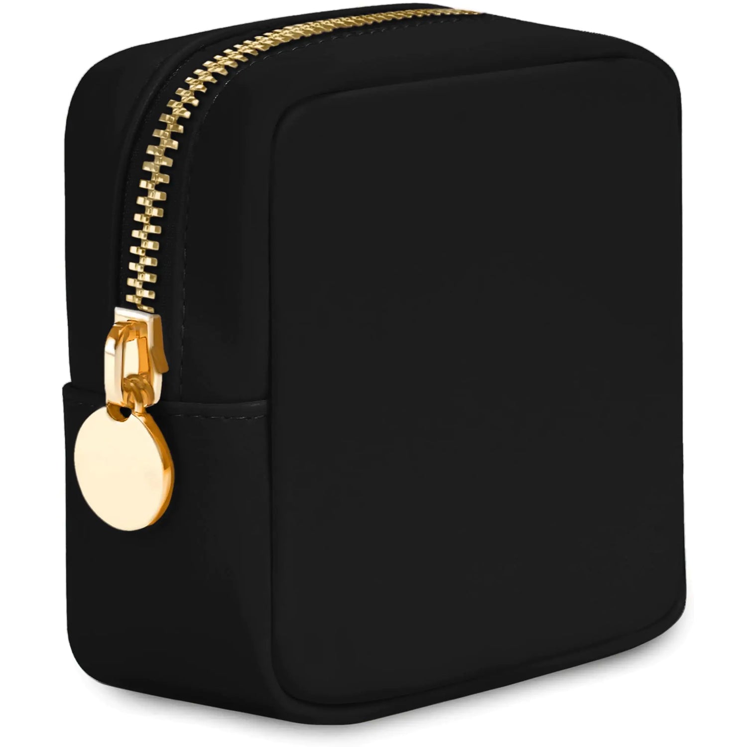 Premium black makeup bag for purse. Water-resistant nylon cosmetic pouch with gold zipper. Perfect mini organizer for travel essentials and beauty accessories.

