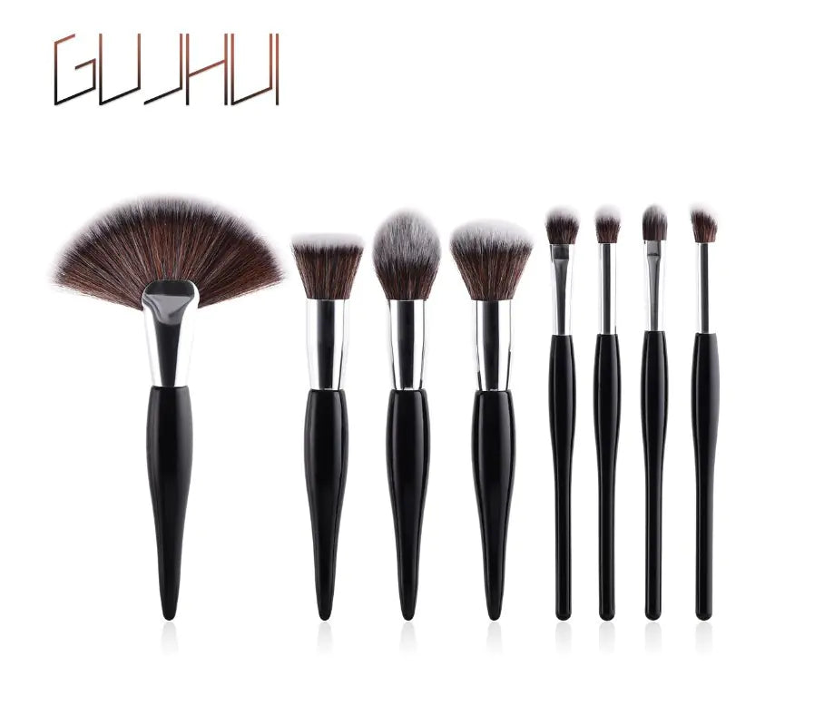 Makeup Brush Set with Black Handle and Silver Tubes